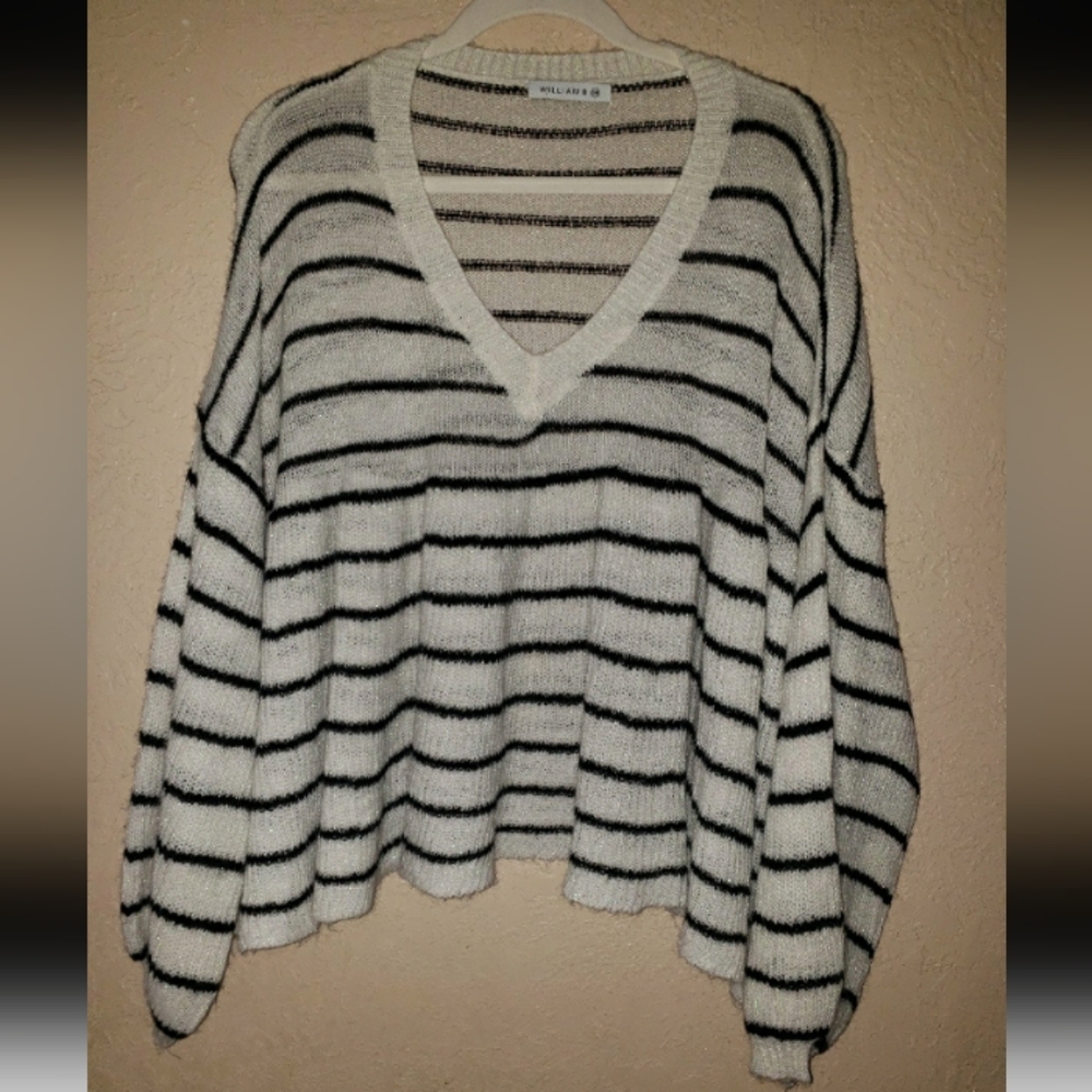 Black and White V-Neck Sweater with Stripes